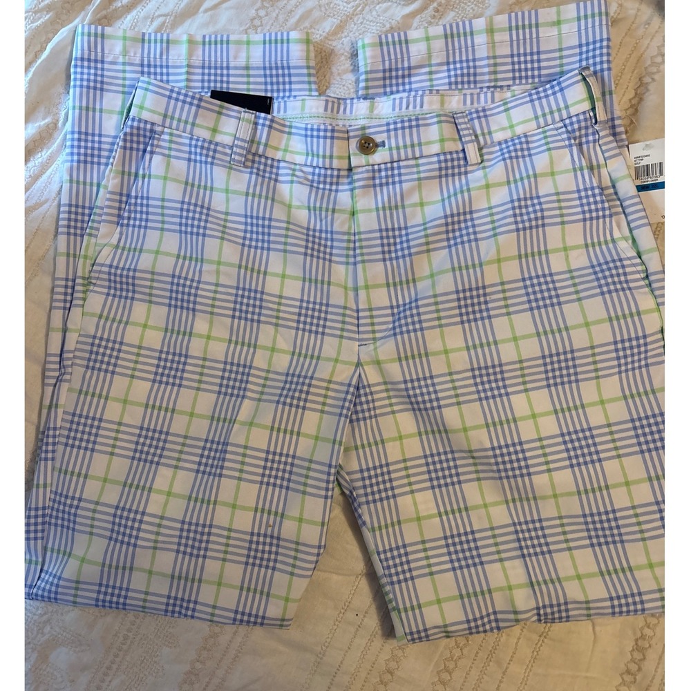 NEW Izod Golf Men's Light Blue/Green Plaid Straight‎ Fit Pants, 36x32